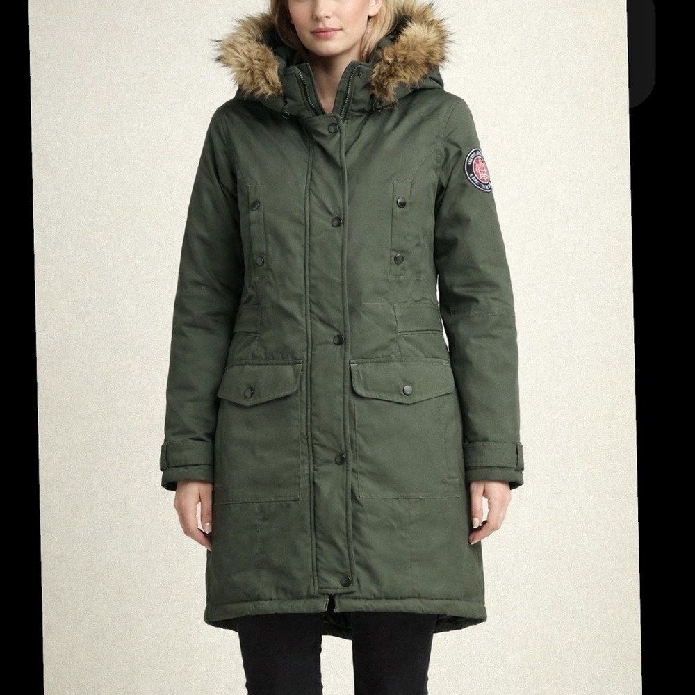 Rocawear Artic Green Faux Fur Hood Tie Waist Snap Puffer Parka Long Coat Size S